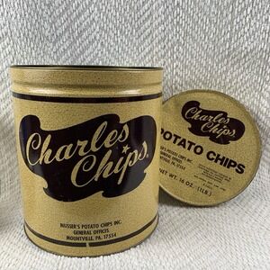 Vintage Charles Chips Round Metal 1lb Tin Can w/Lid Mountville PA Collectable Ad